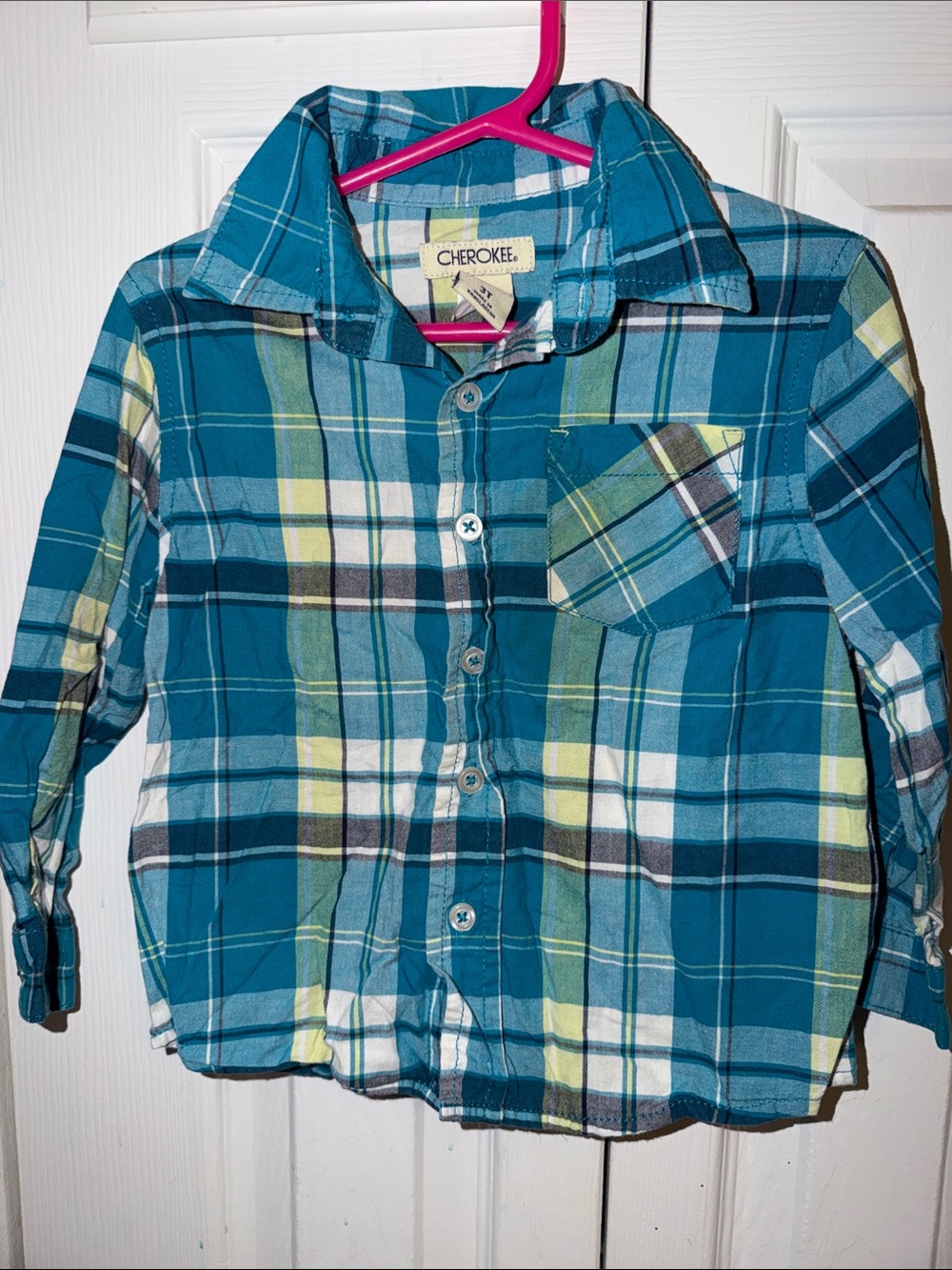 Cherokee Teal and Blue Plaid Button-Down Shirt for Kids